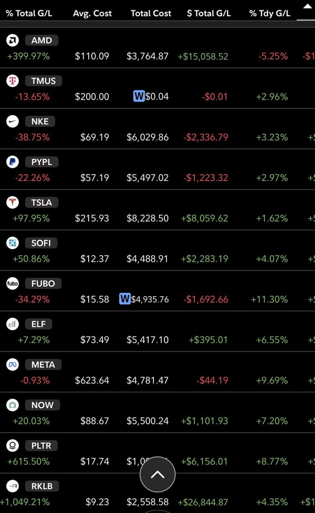 Stock portfolio screenshot showing holdings including AMD (+399.97%), TMUS (-13.65%), NKE (-38.75%), PYPL (-22.26%), TSLA (+97.95%), SOFI (+50.86%), FUBO (-34.29%), ELF (+7.29%), META (-0.93%), NOW (+20.03%), PLTR (+615.50%), and RKLB (+1,049.21%) with average costs, total costs, and gains/losses displayed.