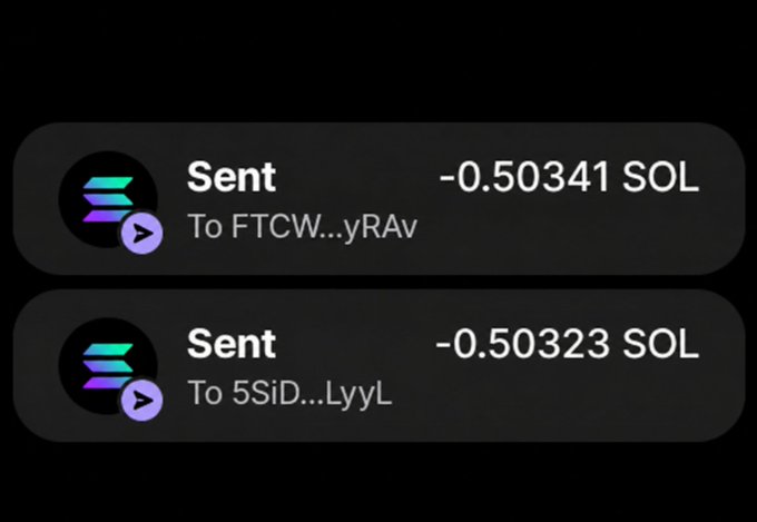 The screenshot displays two cryptocurrency transactions on Solana, showing "Sent" payments of -0.50341 SOL and -0.50323 SOL to addresses FTCW...yRAv and 5SiD...LyyL respectively. These transfers visually confirm the $100 prize split mentioned in the post, which was distributed between two contest winners tagged as @0xhayzed and @lonewithin.