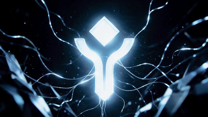 A glowing white symbol resembling a stylized figure holding a diamond shape appears against a dark background with electric blue tendrils extending outward.