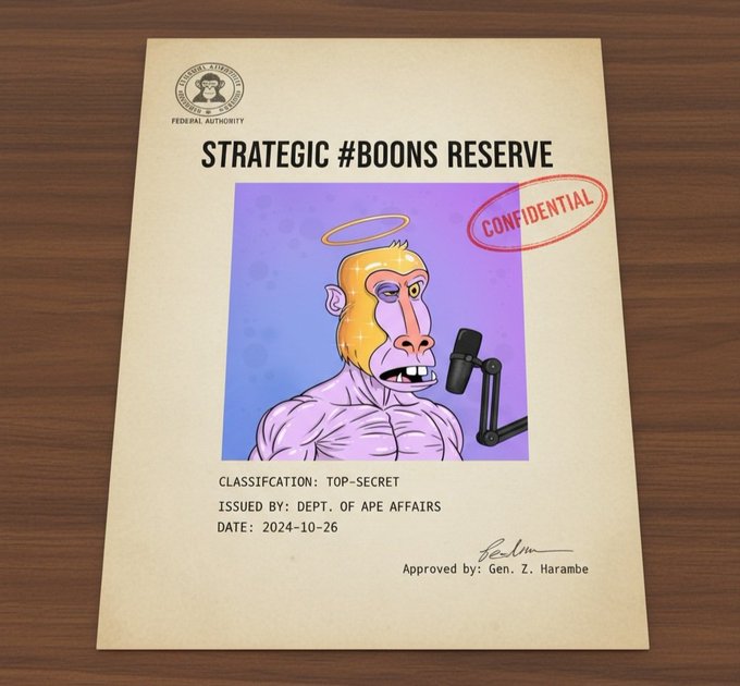 Mock 'Strategic #BOONS Reserve' document classified as TOP-SECRET, featuring a cartoon Bored Ape with a halo speaking into a microphone, approved by Gen. Z. Harambe, dated 2024-10-26.