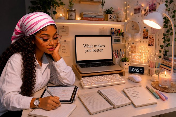 A young woman wearing a striped pink headwrap and glasses writes in a notebook at a desk with a laptop displaying 'What makes you better', surrounded by candles, plants, and a lit desk lamp.