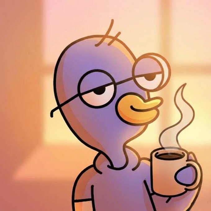 Cartoon illustration of a purple bird-like character with glasses holding a steaming cup of coffee, with warm sunlight in the background.