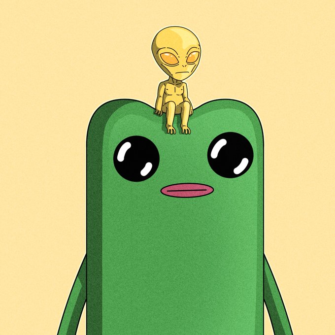 A digital illustration depicting a small, classic grey alien sitting atop a large, cute green monster with big black eyes against a beige background.