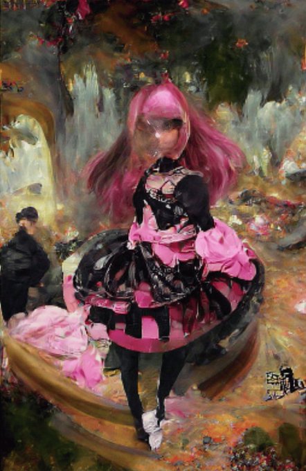 A painterly digital artwork depicting a figure with long pink hair in a black and pink ruffled dress standing in an impressionistic outdoor setting.