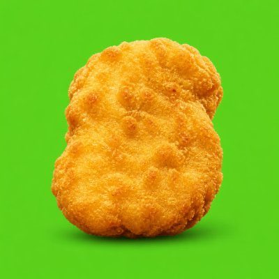 A single golden-brown breaded chicken nugget photographed against a solid bright green background.