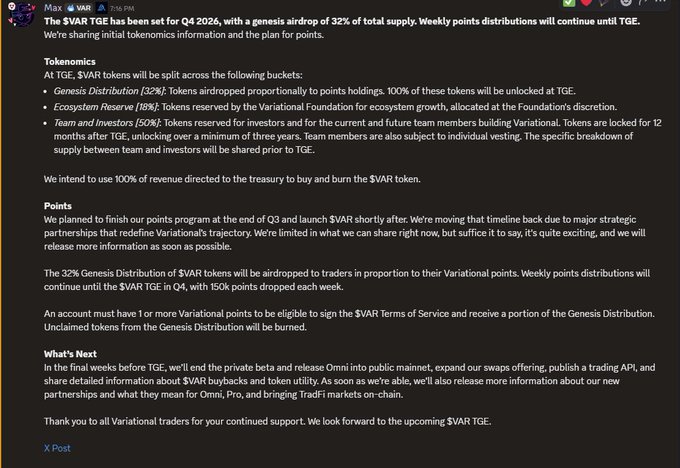 A social media post from Max (VAR) detailing the Q4 2026 tokenomics for the $VAR token, including a 32% Genesis Distribution and information about points programs and the upcoming TGE.