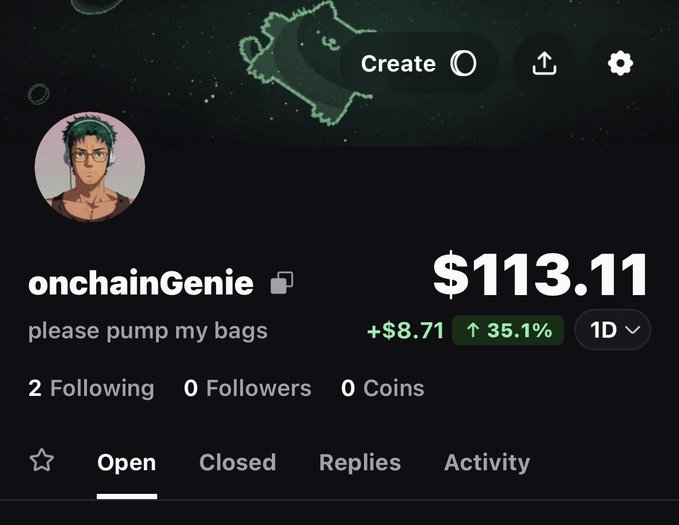 The image shows a PumpFun profile page for user "onchainGenie" with the bio "please pump my bags," displaying a portfolio value of $113.11 (up 35.1% / +$8.71) with 0 followers and 0 coins. The post expresses the user's excitement about buying their first coin on PumpFun, which aligns with the empty stats and modest portfolio shown in their profile screenshot.