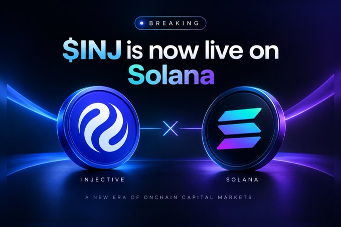 Promotional image announcing '$INJ is now live on Solana' featuring Injective and Solana logos with tagline 'A NEW ERA OF ONCHAIN CAPITAL MARKETS'