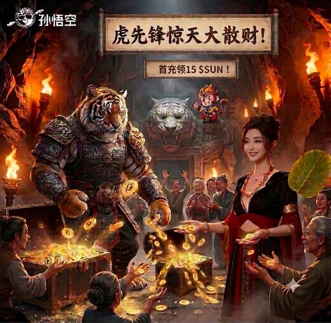 The image features a woman standing next to a man who is holding a large chest filled with gold coins, surrounded by other people. The scene appears to be set in an Asian country where there are people gathered around the chest of gold coins. A sign can also be seen in the background that says "15SUN". This suggests that the image might be related to a promotional event or celebration involving the distribution of money, possibly as part of a cultural festival or tradition.