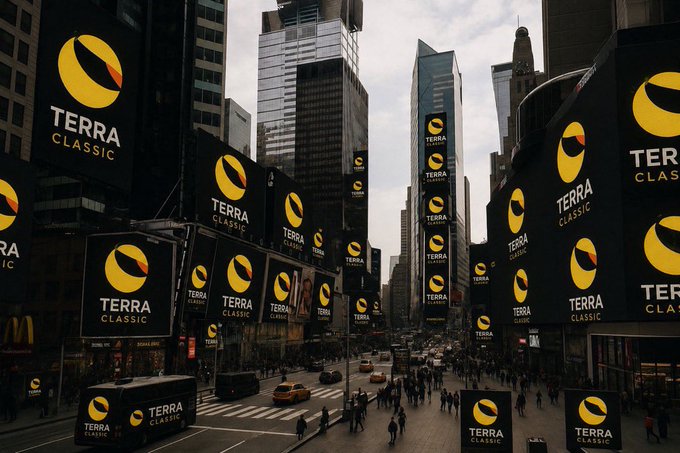A bustling Times Square scene is saturated with "TERRA CLASSIC" billboards and digital screens, visually reinforcing the $LUNC token's brand presence alongside the "Gm $LUNC" greeting. The repetition of the Terra Classic logo across the iconic urban landscape symbolizes the cryptocurrency's marketing reach.