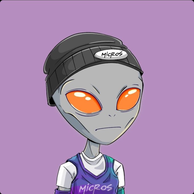 A cartoon illustration of a grey alien character with orange eyes wearing a black beanie labeled 'MicRos' and a purple jersey with 'MicRos' branding against a lavender background.