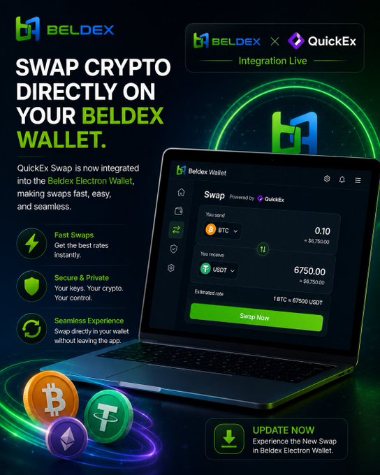 A promotional graphic for the Beldex x QuickEx integration, announcing 'SWAP CRYPTO DIRECTLY ON YOUR BELDEX WALLET' and featuring a laptop displaying the Beldex Wallet Swap interface with BTC to USDT conversion.