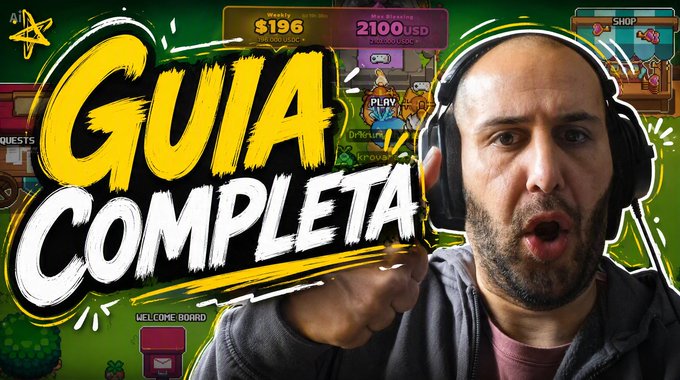 A YouTube thumbnail showing a surprised man wearing headphones pointing at the camera, with 'GUIA COMPLETA' in large yellow and white text over a game screenshot showing '$196' and '2100 USD'.