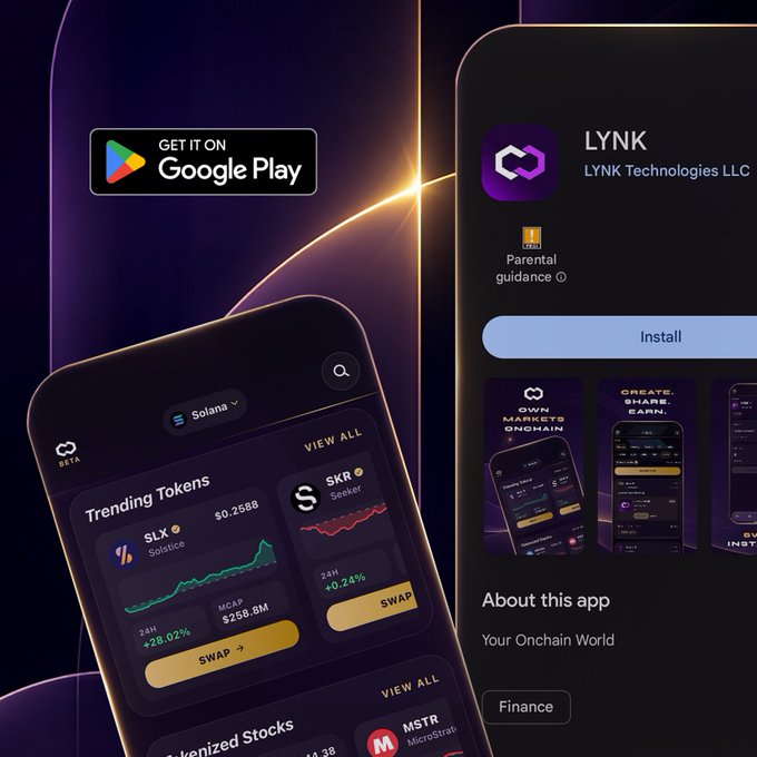 A promotional image for the LYNK app by LYNK Technologies LLC on the Google Play Store, showing a mobile interface for trading tokens like Solstice (SLX) on the Solana network.