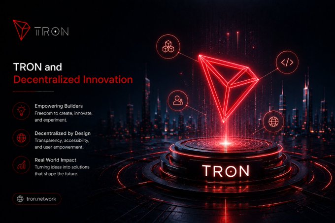 A promotional graphic for 'TRON and Decentralized Innovation' featuring a glowing red TRON logo with sections for 'Empowering Builders', 'Decentralized by Design', and 'Real World Impact', with the URL 'tron.network'.