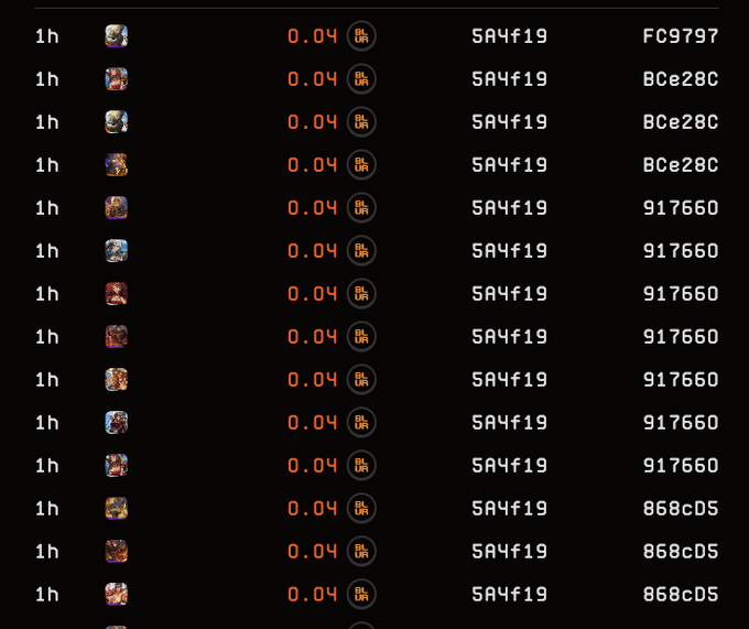 The image displays a transaction log showing 14 Memeland Captainz NFT purchases, each at 0.04 ETH, with repeated wallet addresses (5A4f19) purchasing multiple NFTs with identical transaction hashes (917660, BCe28C, 868cd5, FC9797) within the past hour, all funded by the FWA token. This visual evidence supports the post's claim of someone making bulk NFT purchases using $FWA tokens, showing the repetitive buy pattern across multiple unique NFT transactions.