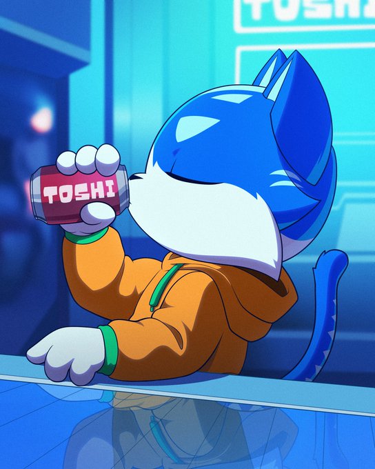 A blue anthropomorphic cat in an orange hoodie sleeps against a glass counter while clutching a can labeled "TOSHI," with the brand's logo also glowing on the wall behind him—visually reinforcing the "Tastes like blue." tagline.