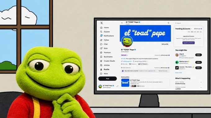 The image shows the Pepe the Frog meme character sitting in front of a computer displaying an X (formerly Twitter) account page for "El 'Toad' Pepe" (@eltoadpepe). The caption references the post's content about the creator's experience trading shitcoins across Solana, BNB Chain, and Ethereum networks, with the Pepe account likely serving as a related crypto/meme project profile.