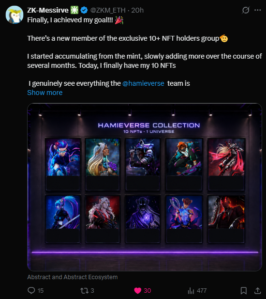 A tweet from 'ZK-Messive (@ZKM_ETH)' celebrating reaching the 'exclusive 10+ NFT holders group' of the 'HAMIEVERSE COLLECTION', showing a gallery of 10 character NFT cards.