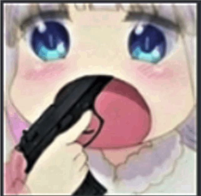 A close-up anime-style image shows a cute, blushing character with large blue eyes and a wide-open mouth, having what appears to be a black handgun inserted into it, creating a jarring and absurd juxtaposition between the adorable art style and the shocking content. This "anime gun-in-mouth" meme visually represents the financial devastation and despair described in the accompanying post, where the poster humorously details losing 70% of their investment after a botched attempt at liquidity providing on Robinhood—exemplifying the classic crypto/finance meme trope of reacting to catastrophic losses with dark humor.