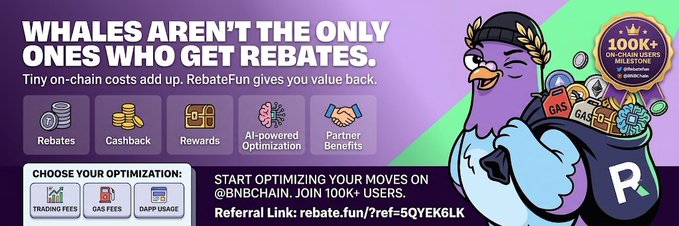 An advertisement for 'Rebate.fun' with the tagline 'WHALES AREN'T THE ONLY ONES WHO GET REBATES,' featuring a purple penguin mascot holding a bag of crypto tokens and a referral link (rebate.fun/?ref=5QYEK6LK).