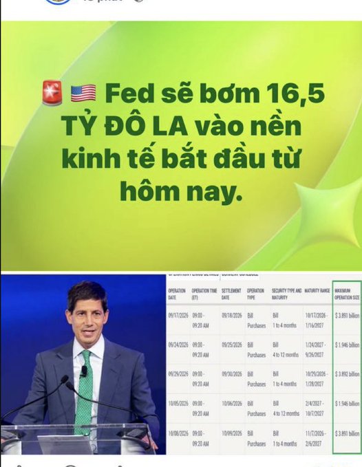 A Vietnamese news graphic stating 'Fed sẽ bơm 16,5 TỶ ĐÔ LA vào nền kinh tế bắt đầu từ hôm nay' (Fed will pump 16.5 billion USD into the economy starting today), showing a Fed official and a table of bill purchases.