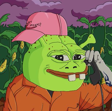 A cartoon green character wearing a pink cap reading 'what means?' and an orange prison shirt holds a phone in a field, referencing the 'Bagh…d means?' meme.