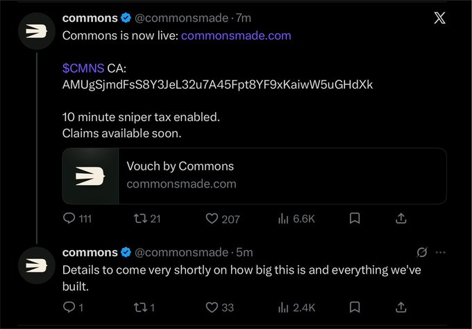 A screenshot of two X posts from the verified @commonsmade account announcing that "Commons is now live: commonsmade.com," displaying a contract address ($CMNS CA: AMUgSjmdFsS8Y3JeL32u7A45Fpt8YF9xKaiwW5uGHdXk) and noting a "10 minute sniper tax enabled" with claims coming soon. The posts address concerns raised in the caption about whether the Commons launch is legitimate or a potential rug pull/hack, with the project asserting details about the rollout will follow shortly.