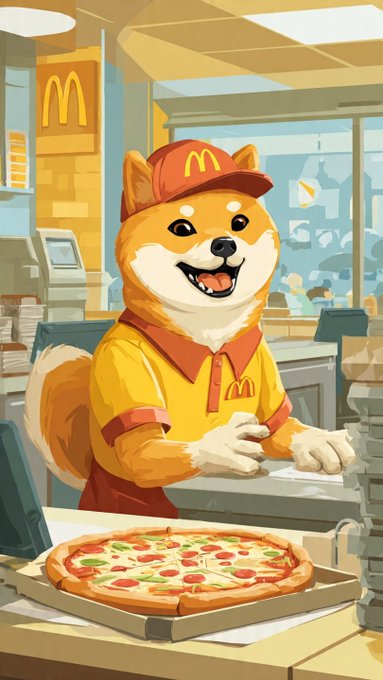 A stylized cartoon illustration of a Shiba Inu dog dressed as a McDonald's employee, wearing the iconic yellow and red uniform while standing behind a counter with a pepperoni pizza.