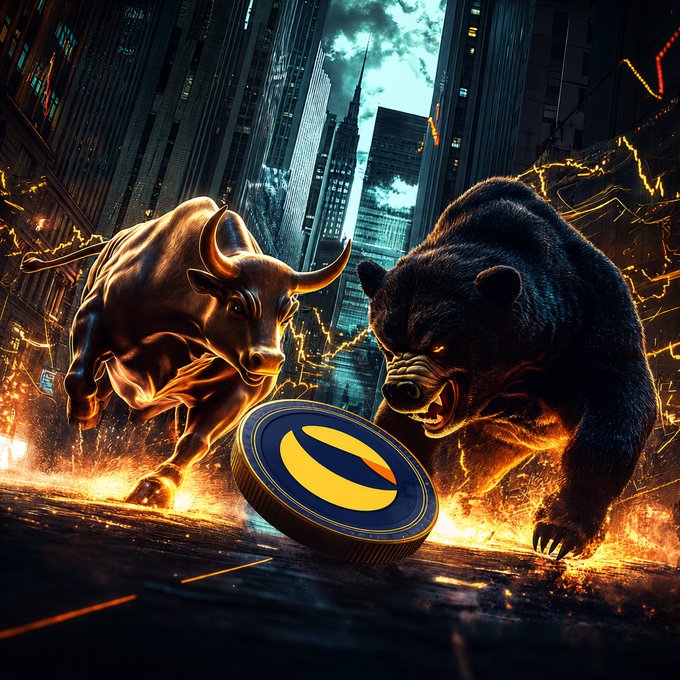 A dramatic illustration of a golden bull charging a dark bear over a coin with a yellow and blue logo, symbolizing crypto market volatility.