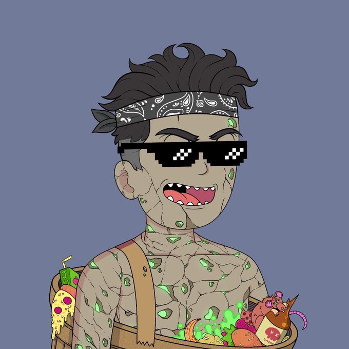 A cartoon-style character with a black bandana and pixelated 'deal with it' sunglasses, his cracked skin glowing green, is shown carrying a basket overflowing with food and drinks.
