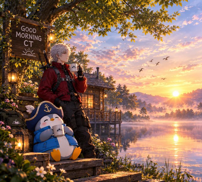 An anime-style illustration depicts a white-haired male character in a red jacket standing beside a cute penguin mascot wearing a sailor hat, both holding mugs near a wooden sign reading 'GOOD MORNING CT' at a scenic lakeside cabin during sunset.