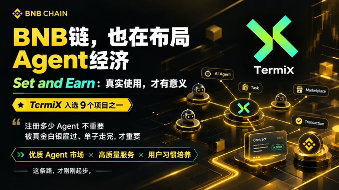 A promotional banner for 'BNB CHAIN' in Chinese about 'BNB链，也在布局Agent经济' featuring the 'Termix' logo and icons representing AI Agent, Task, Marketplace, Transaction, and Contract.