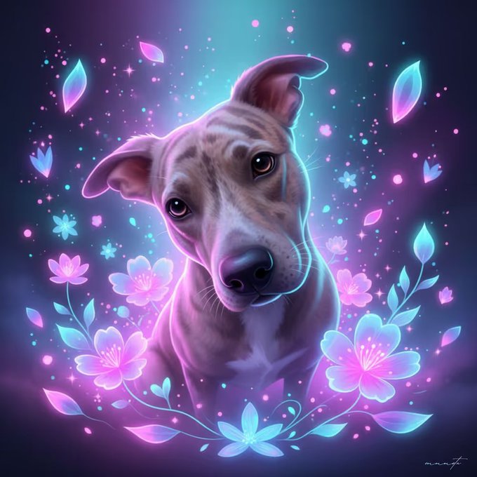 Stylized digital artwork of a pit bull-type dog surrounded by glowing pink and blue cherry blossoms and sparkles in a magical atmosphere.