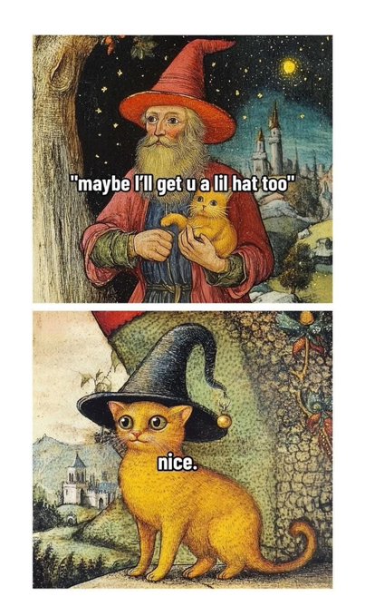 A two-panel meme featuring medieval artwork of a wizard holding an orange cat with the caption 'maybe I'll get u a lil hat too,' and the cat below wearing a black wizard hat labeled 'nice.'