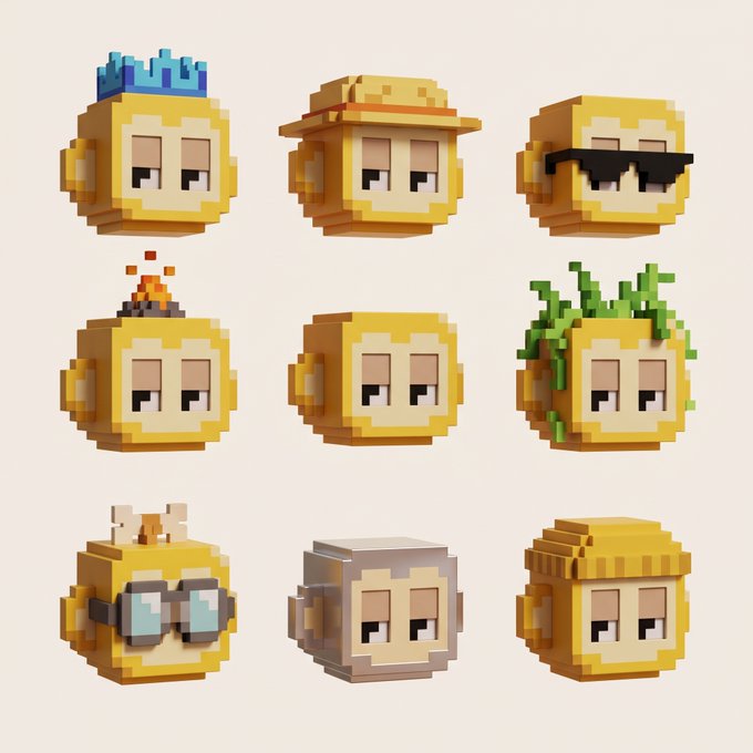 A collection of nine pixel-art style cube character heads arranged in a 3x3 grid, featuring various accessories like a crown, hat, sunglasses, and plants.