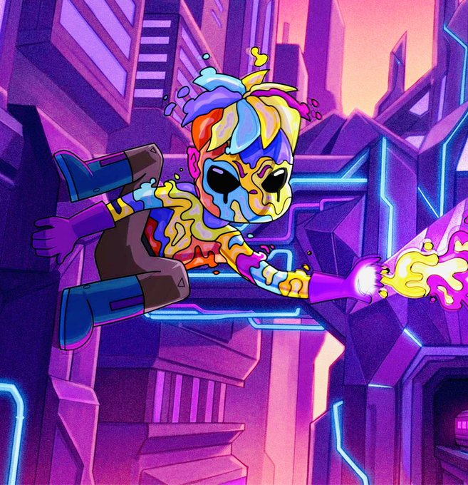 A vibrant, graffiti-covered character leaps across a futuristic neon cityscape, leaving a trail of colorful paint as they fire a blast from their wrist. The dynamic, stylized artwork pairs with the "gm" post to convey an energetic, cheerful vibe typical of crypto/Web3 community greetings.