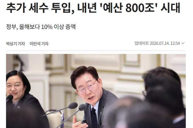 A Korean news article headline reading '추가 세수 투입, 내년 '예산 800조' 시대' about government budget planning, showing a photo of a man speaking at what appears to be a government meeting.