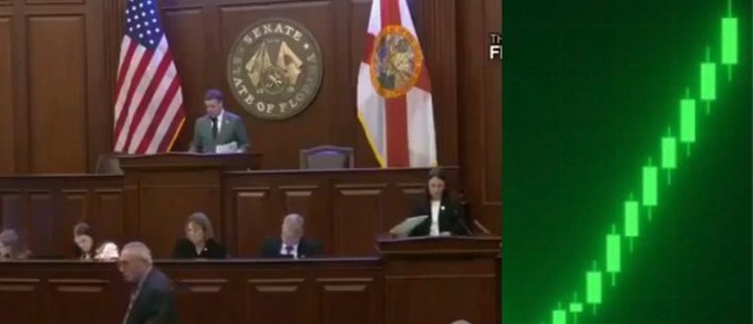 The image is split, showing a Florida Senate chamber with the "Senate State of Florida" seal and American/Florida flags behind a presiding official, paired with a green candlestick chart depicting a strong upward trend in cryptocurrency prices—visually reinforcing the post's message that the CLARITY Act moving through the Senate is driving crypto market optimism ahead of the September 15 vote.