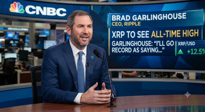 Brad Garlinghouse, CEO of Ripple, appears on CNBC declaring his belief that XRP will reach an all-time high, with an on-screen graphic showing "XRP TO SEE ALL-TIME HIGH" and "XRP/USD" up 12.5%, visually reinforcing the post's claim about his bullish prediction for the cryptocurrency.