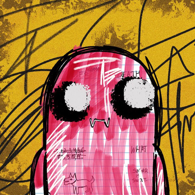 A pink, ghostly creature with large white eyes on lined notebook paper against a yellow background, featuring handwritten text including 'E=mc', 'DEATH', 'WHAT', '12+456', 'SUGAR IS SWEET', and a child's drawing of a cat.