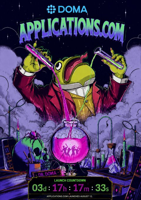 A colorful digital illustration for 'DOMA APPLICATIONS.COM' shows a frog-like character in a lab coat pouring liquids into a glowing flask, with a launch countdown reading '03d:17h:17m:33s' and text noting 'APPLICATIONS.COM LAUNCHES AUGUST 12.'