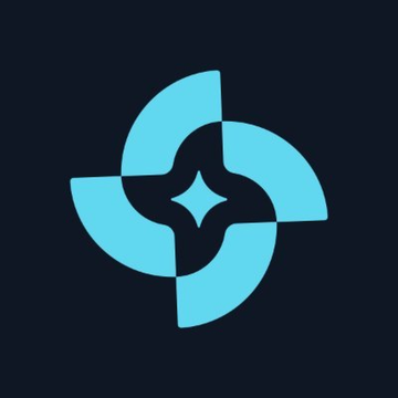 A cyan and dark blue geometric logo featuring four rotating blade-like segments forming a circular pattern around a central four-pointed star on a black background.