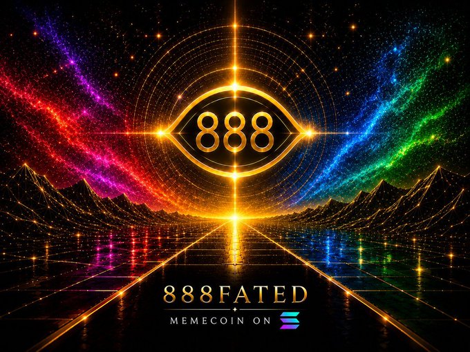 A vibrant digital artwork showing the number '888' inside an eye symbol against a cosmic background, labeled '888FATED MEMECOIN ON SOLANA' with the Solana logo.