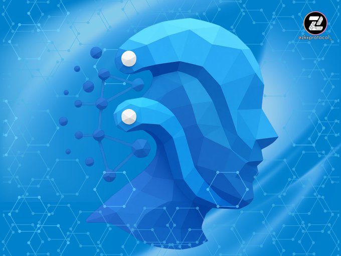 A stylized digital illustration of a blue polygonal head in profile with circuitry and white nodes extending from it, branded with 'ZK' and '@zkprotocol' in the corner.
