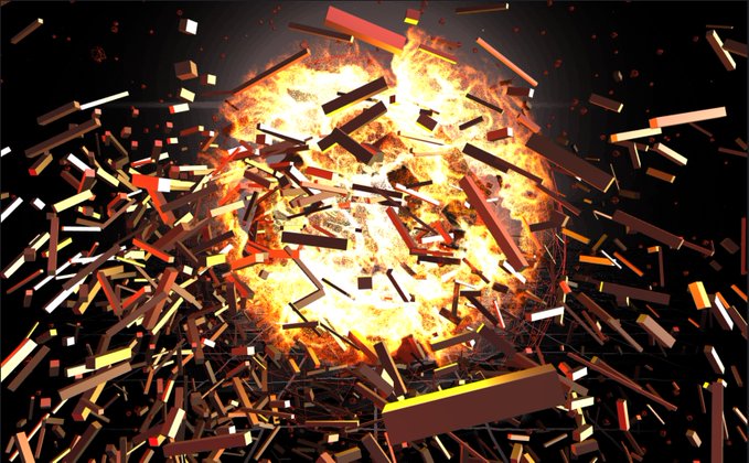 A digital abstract artwork showing an explosion of orange, gold, and red rectangular fragments bursting outward against a dark background.