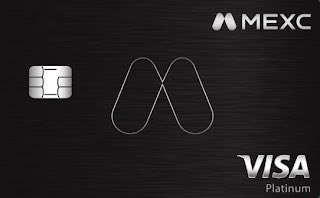 A promotional graphic on a dark wooden background shows a metallic Visa Platinum card alongside the MEXC exchange logo.