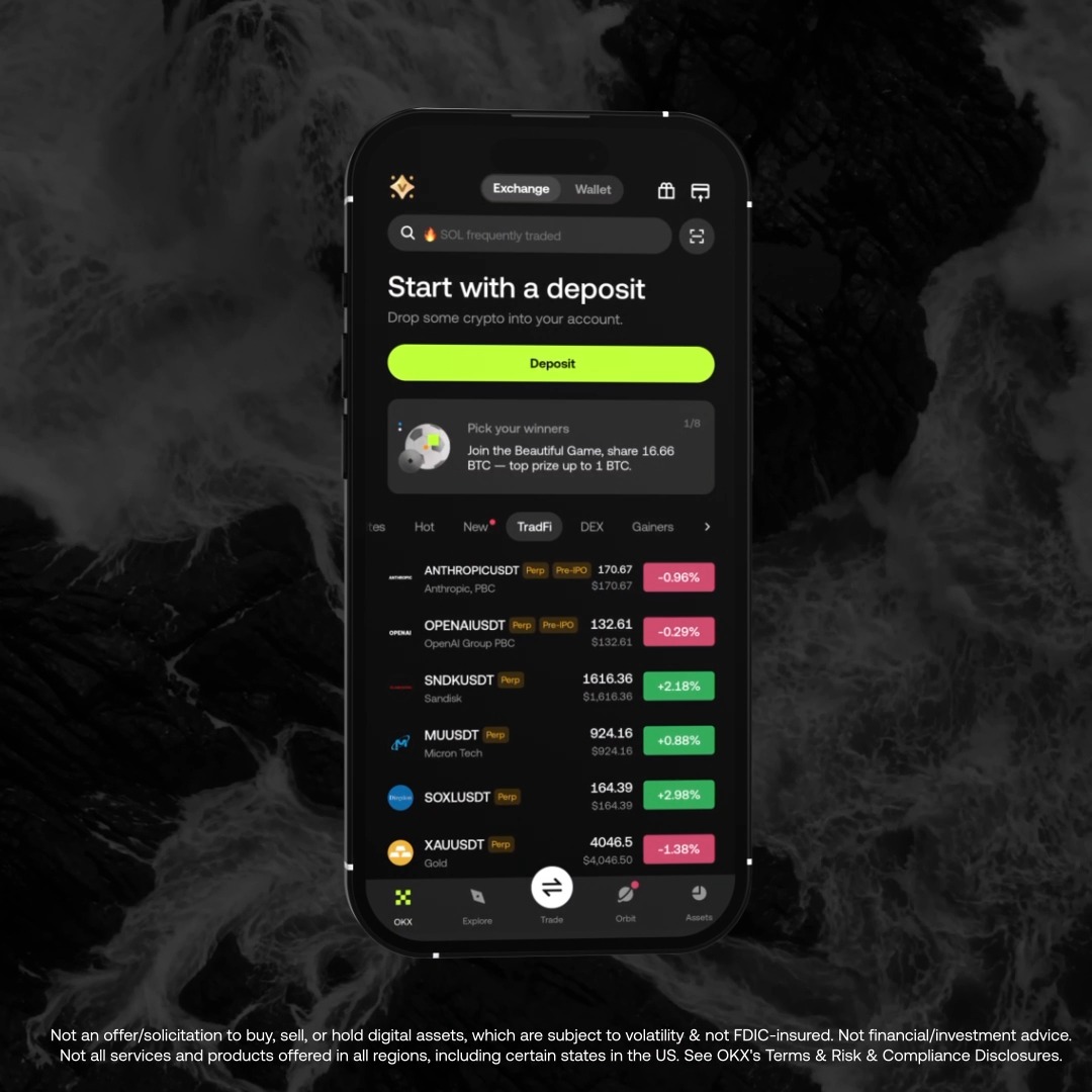 The image shows a smartphone displaying the OKX cryptocurrency exchange app's home screen, featuring a "Start with a deposit" prompt with a green Deposit button, a search bar showing "SOL frequently traded," and a list of perpetual trading pairs including ANTHROPICUSDT (-0.96%), OPENAUSDT (-0.29%), SNDKUSDT (+2.18%), MUUSDT (+0.88%), SOXLUSDT (+2.98%), and XAUUSDT (-1.38%).

The post highlights a UI upgrade to OKX's Flash Earn rewards hub, and while the image showcases the platform's refreshed, streamlined dark-mode interface with its main trading dashboard, it doesn't directly display the Flash Earn feature being promoted.