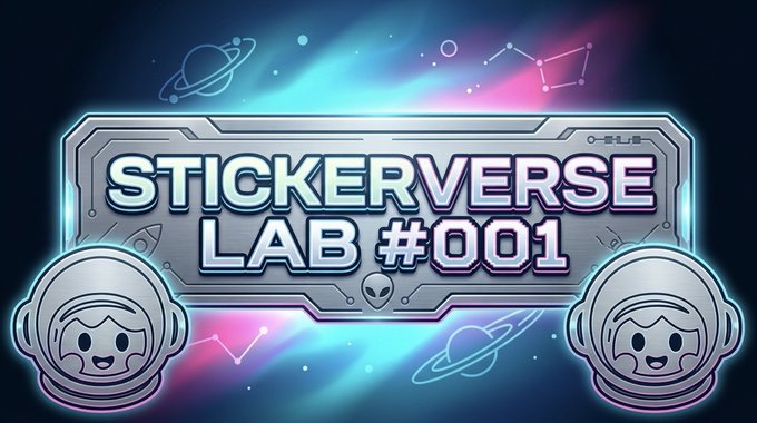 Logo graphic reading 'STICKERVERSE LAB #001' with astronaut character icons on a cosmic-themed background.