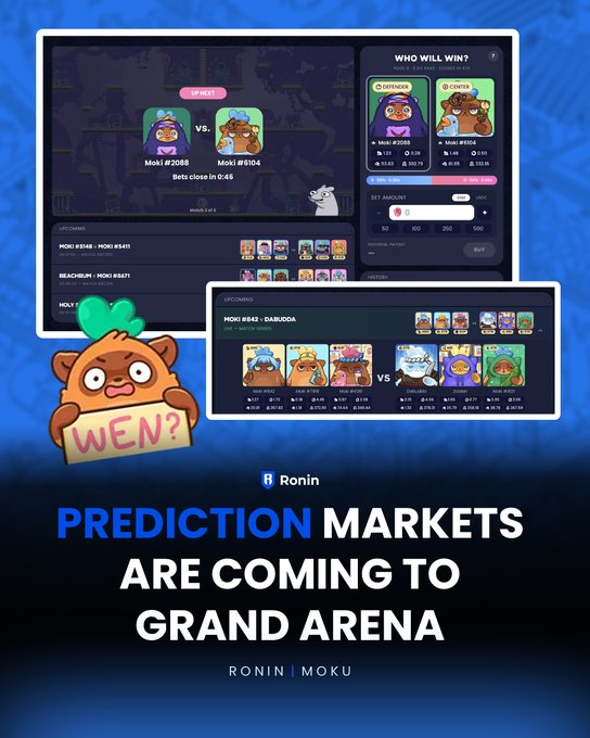 The image features a poster for an upcoming game called "Moki Mayhem". It shows two computer monitors displaying different versions of the game, with one monitor showing a cartoon character holding a sign that says "WEN?". The other monitor displays a list of game characters and their corresponding abilities. The text on the poster indicates that the game is coming soon to Grand Arena.